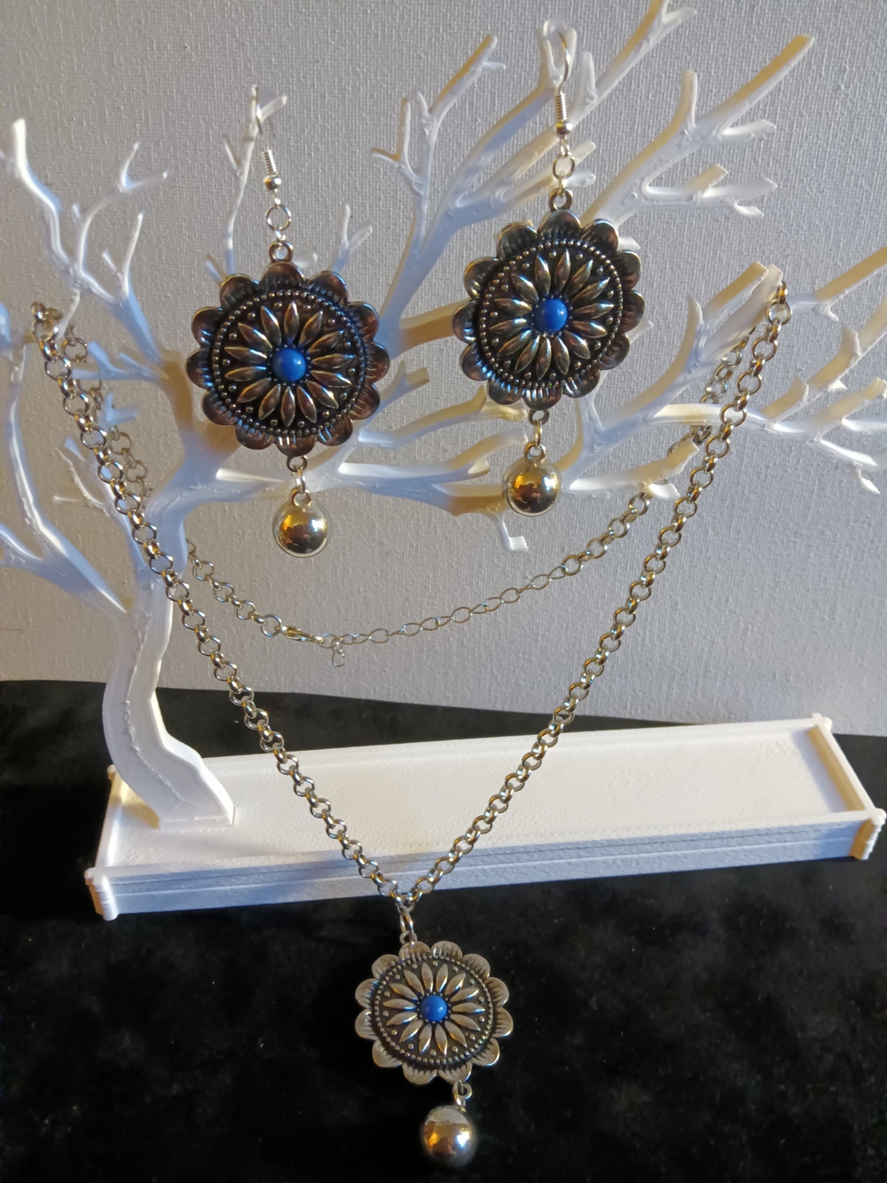 Floral Silver-Tone Necklace and Earrings Set with Blue Accent